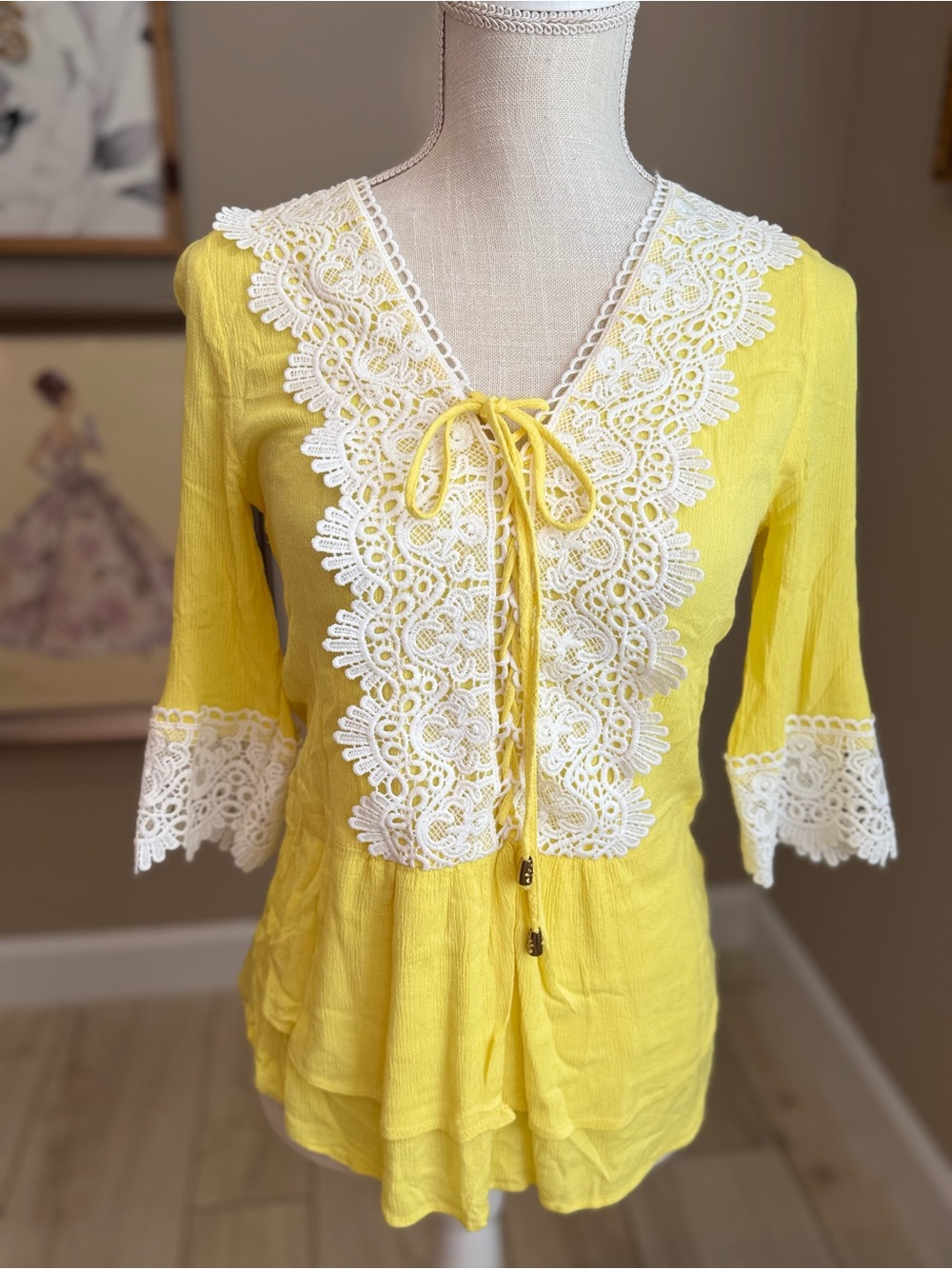 Available by Angela Fashion Yellow Lace-Trim V-Neck Tie-Front Blouse